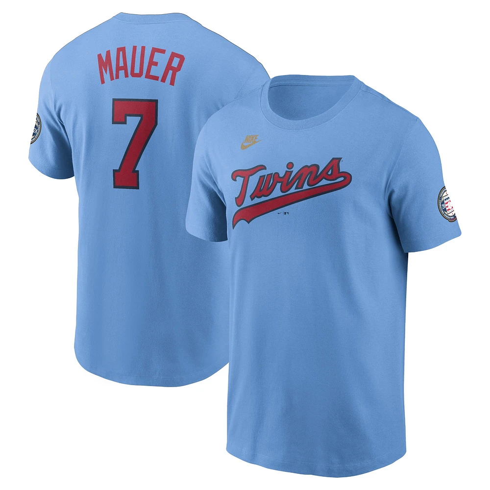 T-shirt Nike Joe Mauer pour homme, bleu clair, Minnesota Twins, nom et numéro du Temple de la renommée MLB 2024