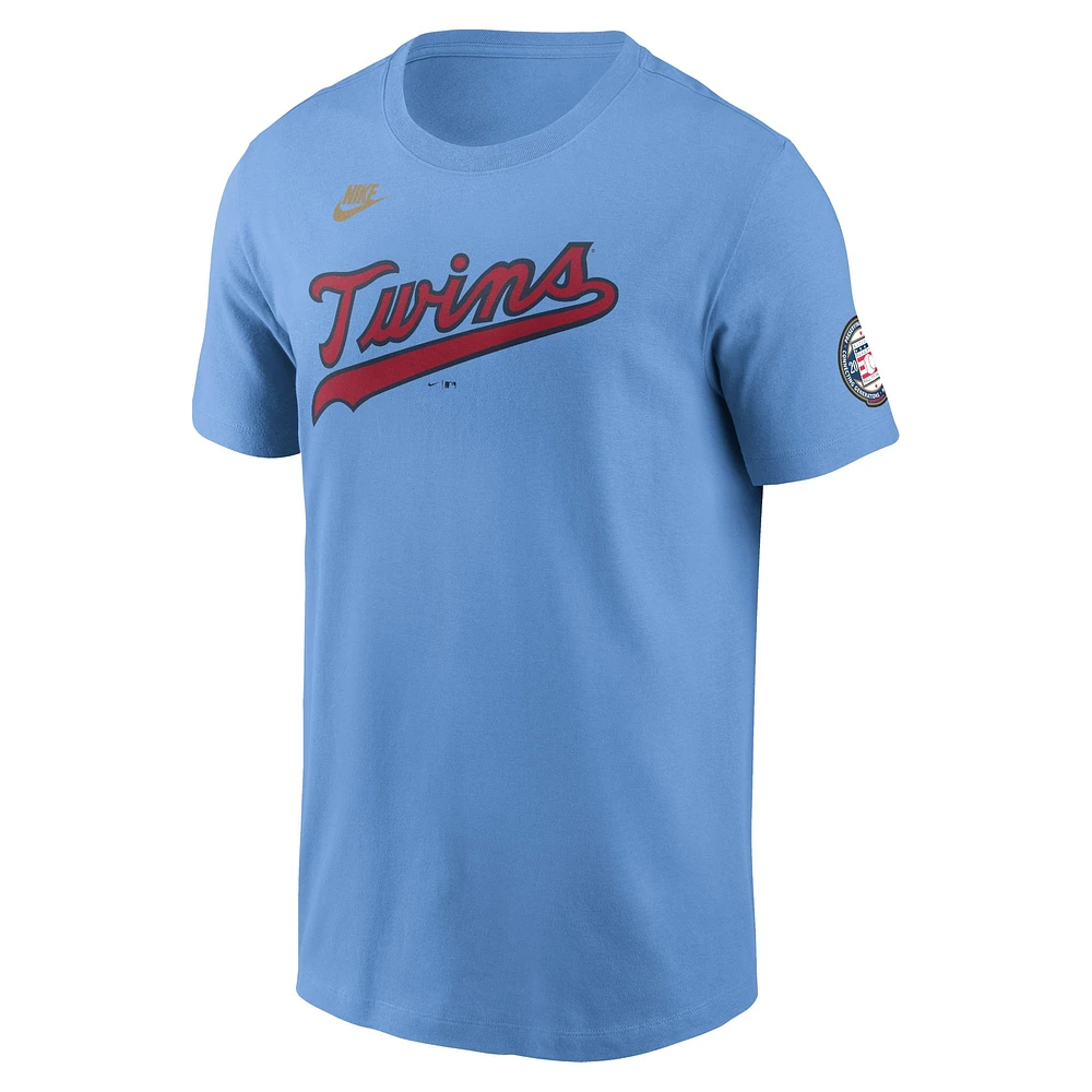 T-shirt Nike Joe Mauer pour homme, bleu clair, Minnesota Twins, nom et numéro du Temple de la renommée MLB 2024