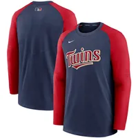 Sweat-shirt à enfiler raglan Performance d'avant-match Nike pour hommes, bleu marine/rouge, Minnesota Twins Authentic Collection