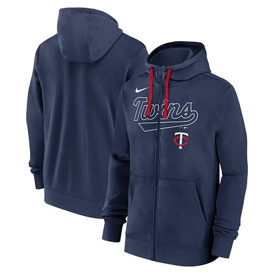 Sweat à capuche entièrement zippé Nike bleu marine Minnesota Twins Knockout Script pour homme