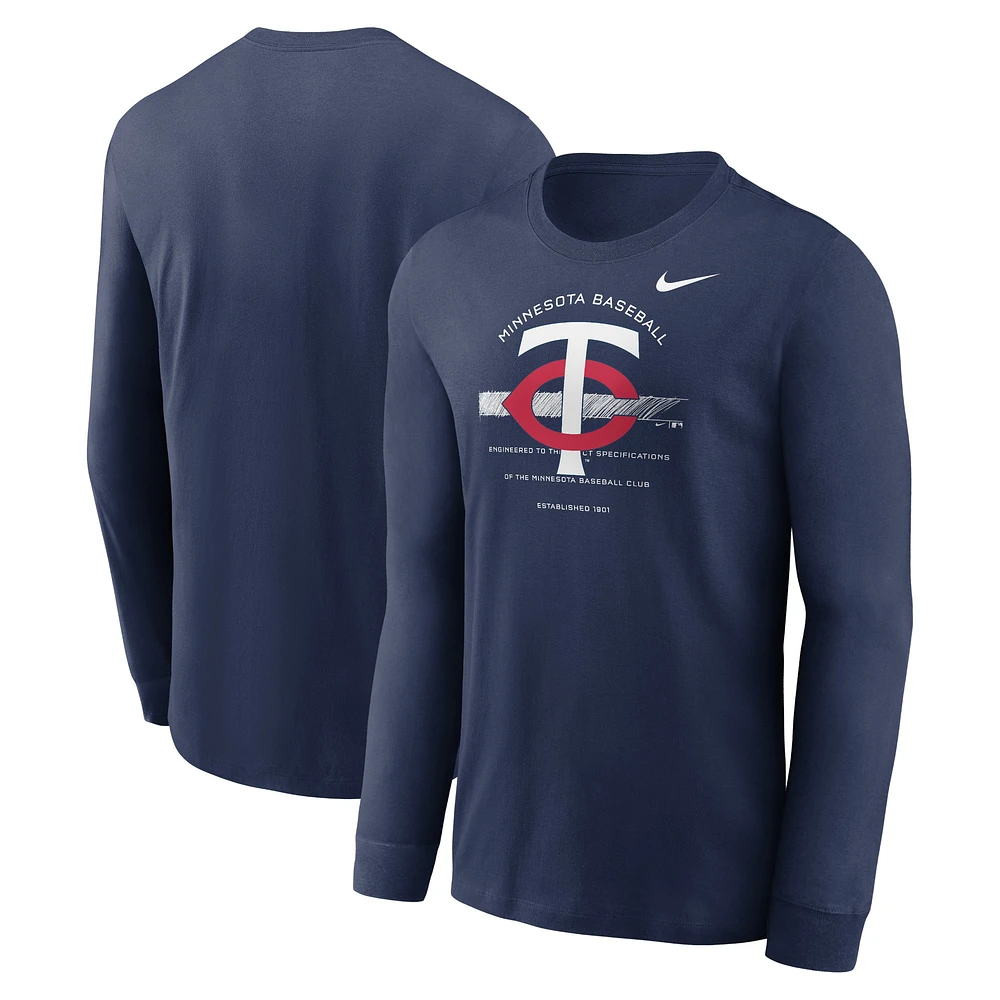 T-shirt à manches longues Nike Minnesota Twins Over Arch pour homme - Bleu marine