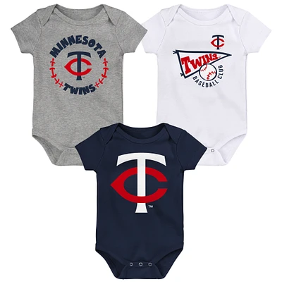 Lot de 3 bodys pour nouveau-nés et bébés bleu marine/blanc/gris chiné Minnesota Twins Biggest Little Fan