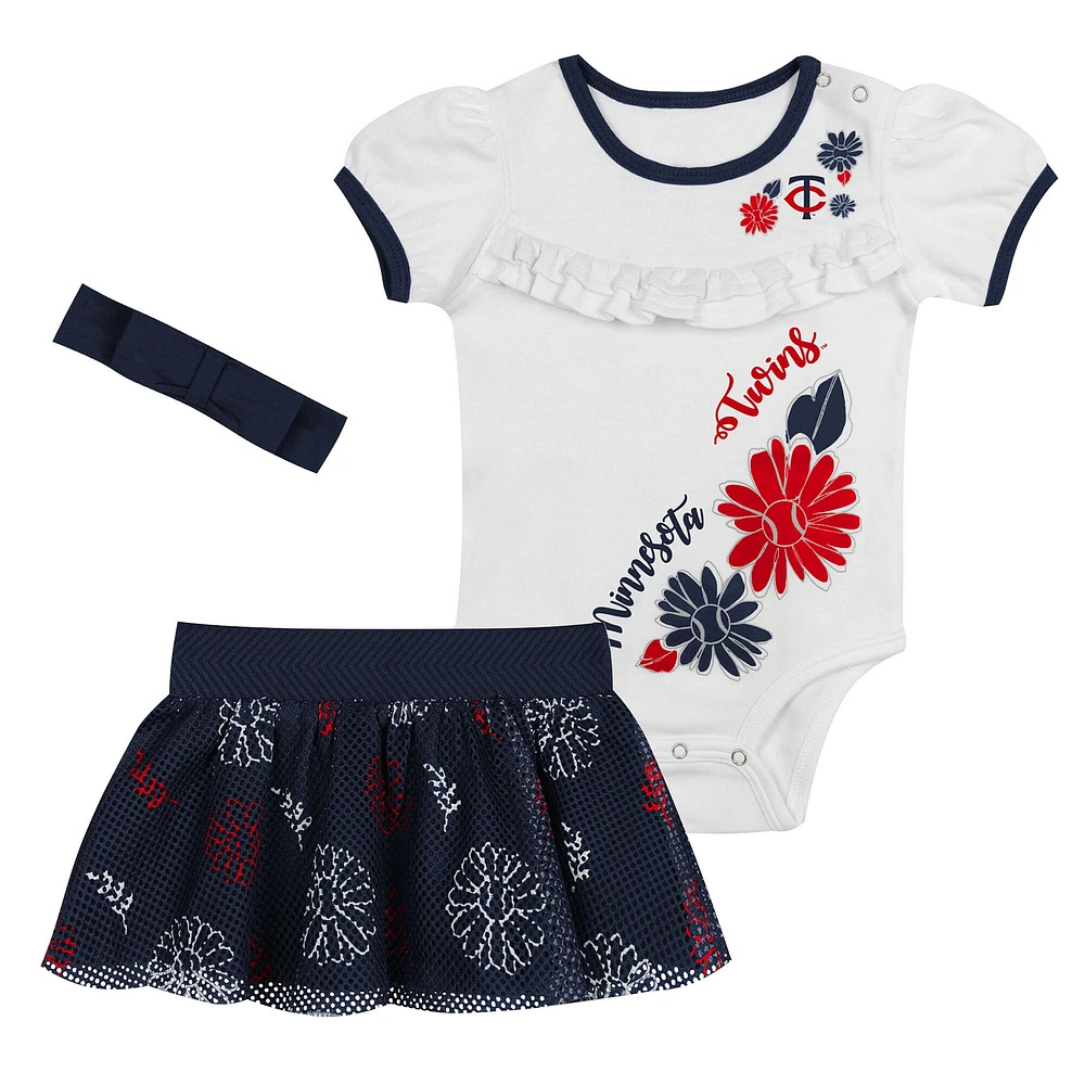 Newborn White/Navy Minnesota Twins Sweet Catcher 3-Piece Bodysuit, Headband and Skirt Set