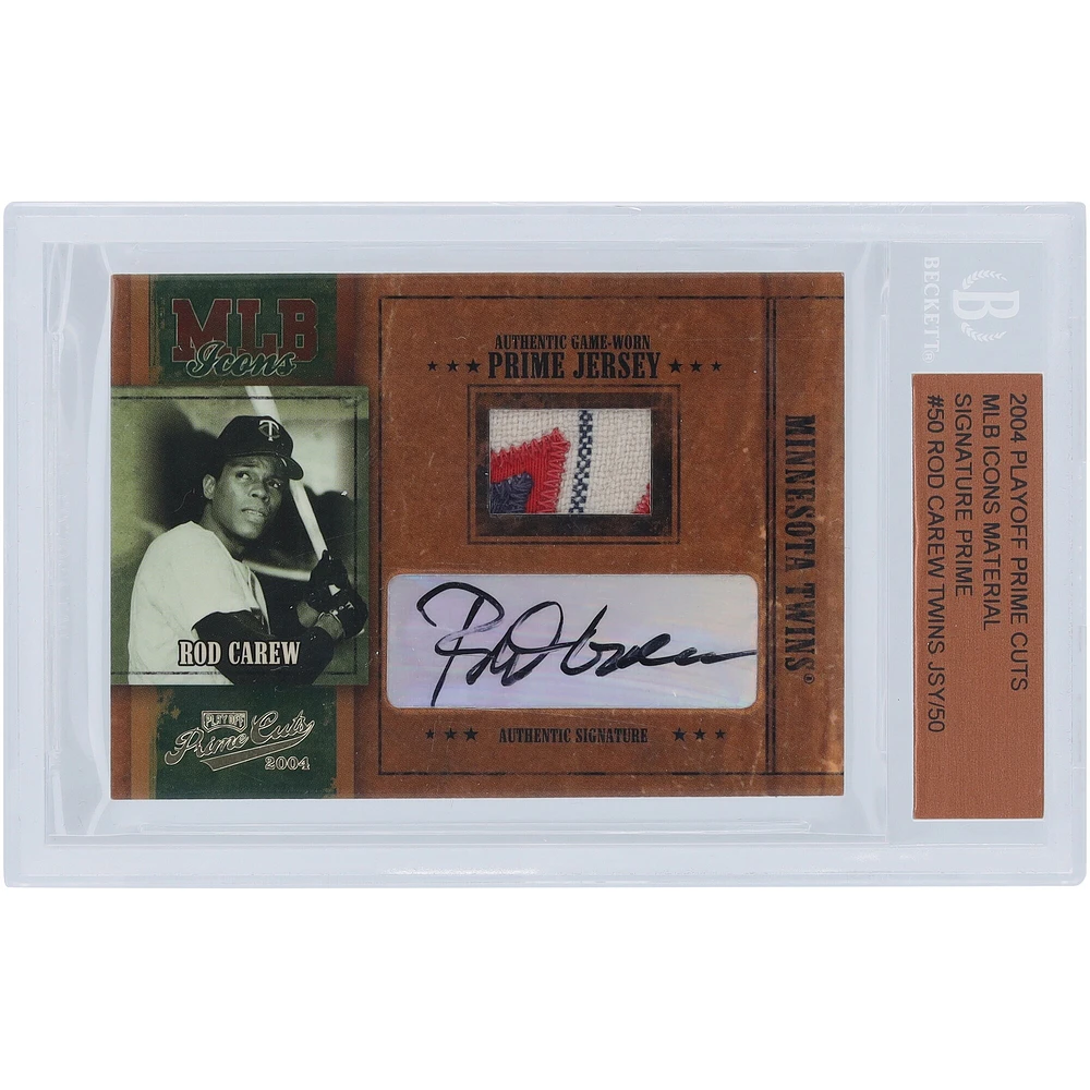 Rod Carew Minnesota Twins Autographed 2004 Playoff Prime Cuts 3 Color Game Used Relic #MLB-50 #9/50 Card