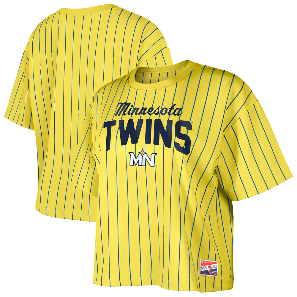 Women's New Era  Yellow Minnesota Twins City Connect Multiplier Pinstripe Cropped T-Shirt