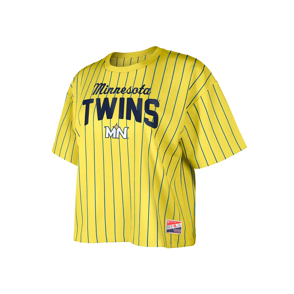 Women's New Era  Yellow Minnesota Twins City Connect Multiplier Pinstripe Cropped T-Shirt