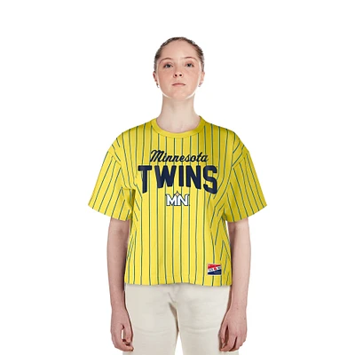 Women's New Era  Yellow Minnesota Twins City Connect Multiplier Pinstripe Cropped T-Shirt
