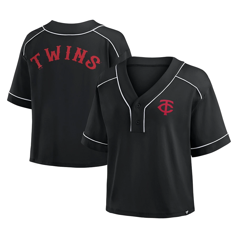 Women's Fanatics Black Minnesota Twins Oversized Champ Game Cropped V-Neck T-Shirt