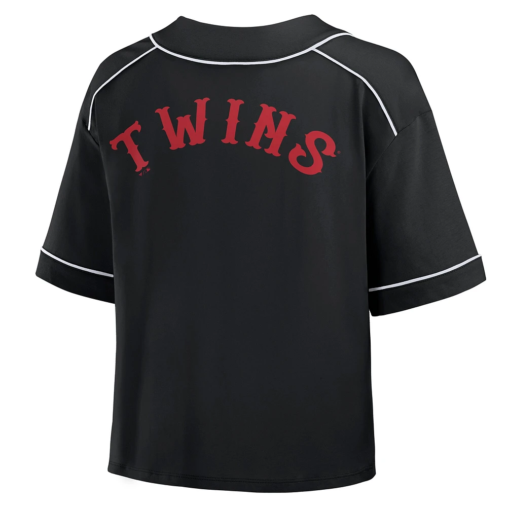 Women's Fanatics Black Minnesota Twins Oversized Champ Game Cropped V-Neck T-Shirt