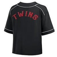 Women's Fanatics Black Minnesota Twins Oversized Champ Game Cropped V-Neck T-Shirt