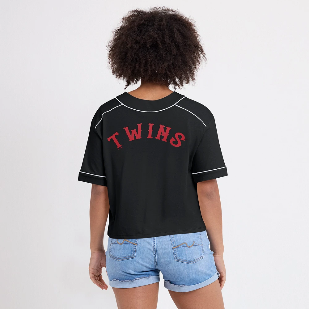 Women's Fanatics Black Minnesota Twins Oversized Champ Game Cropped V-Neck T-Shirt