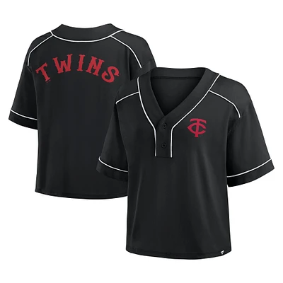 Women's Fanatics Black Minnesota Twins Oversized Champ Game Cropped V-Neck T-Shirt
