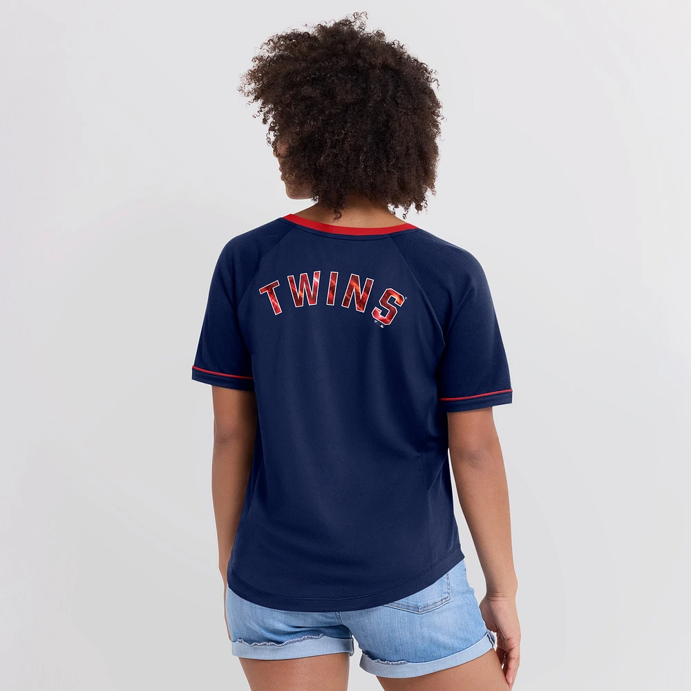 Women's Fanatics Navy Minnesota Twins League Diva Star Raglan V-Neck T-Shirt