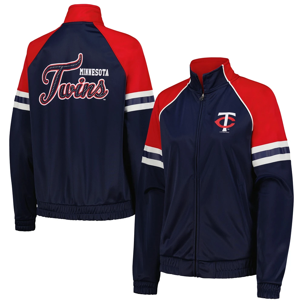 Veste de survêtement entièrement zippée G-III 4Her par Carl Banks pour femmes, bleu marine, Minnesota Twins, First Place Raglan