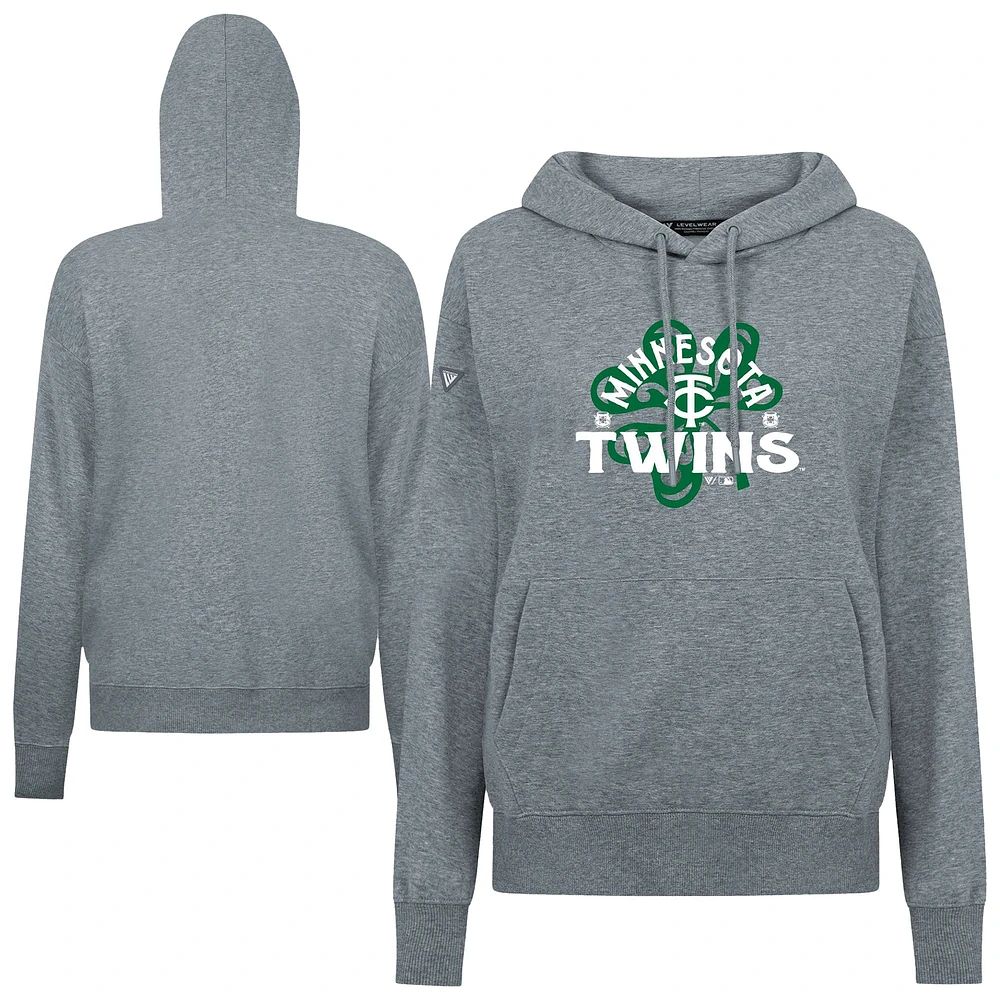 Women's Levelwear Gray Minnesota Twins St. Patrick's Day Adorn Shamrock Pullover Hoodie