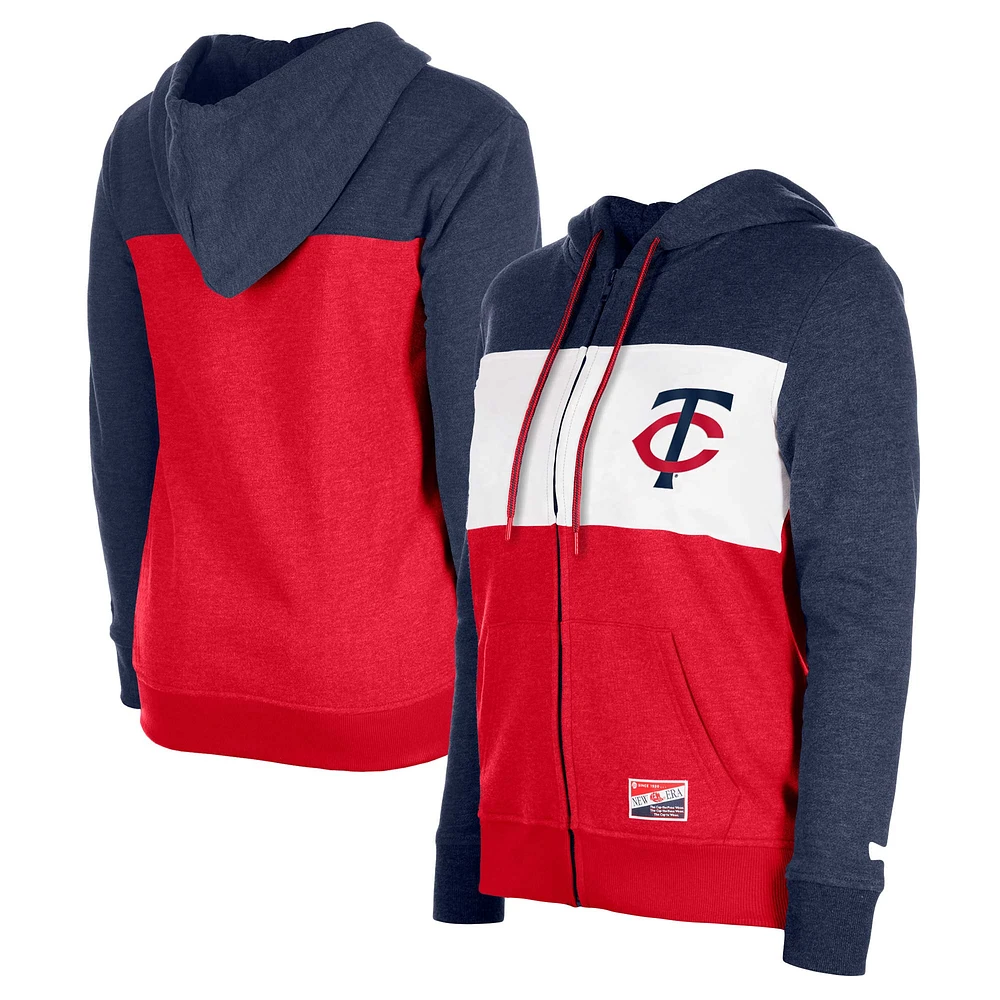 Veste à capuche entièrement zippée New Era pour femmes, bleu marine, Minnesota Twins, color block