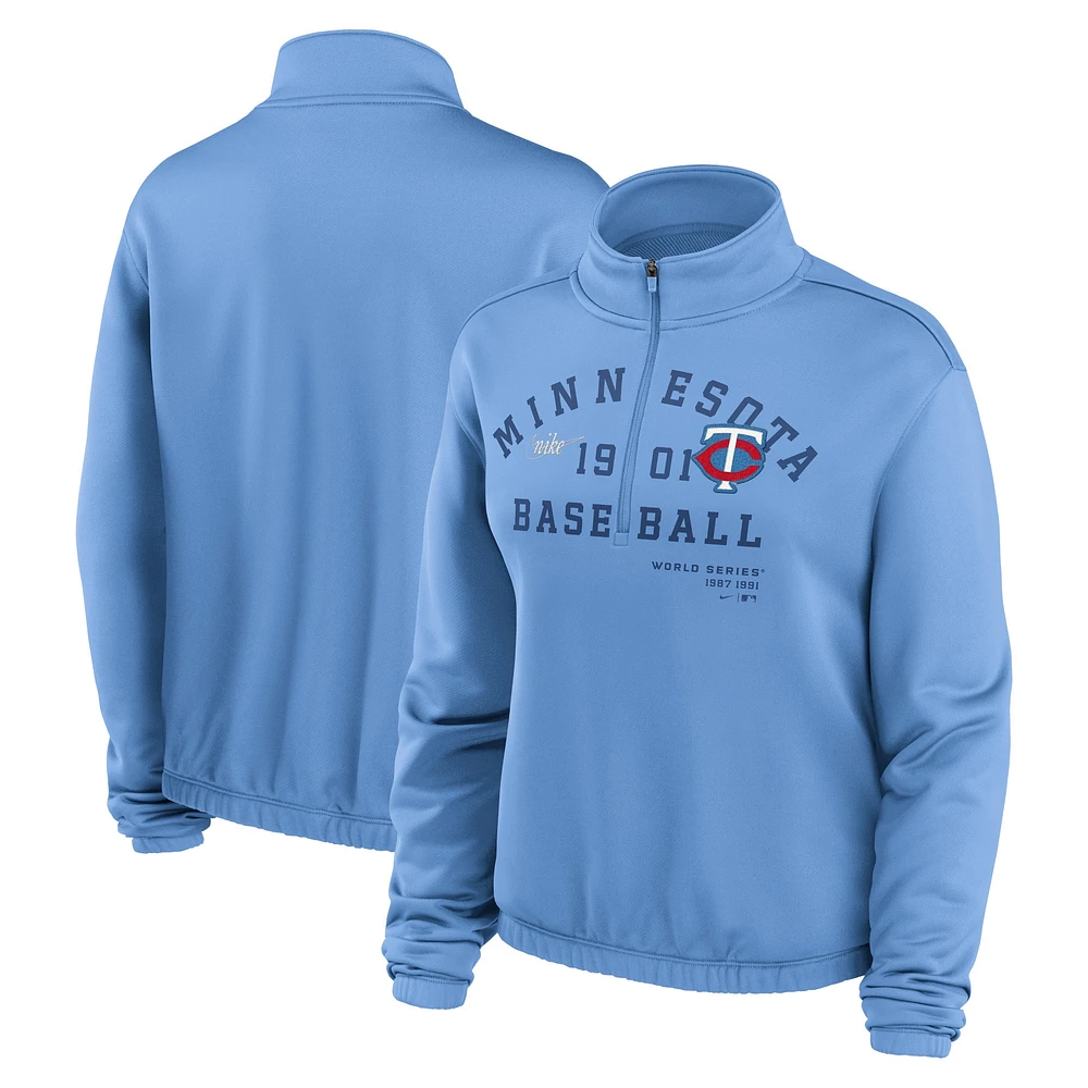 Women's Nike Light Blue Minnesota Twins Rewind Splice Half-Zip Semi-Cropped Bubble Hem Sweatshirt