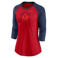 T-shirt à manches raglan 3/4 Nike Minnesota Twins Next Up pour femme, rouge/bleu marine