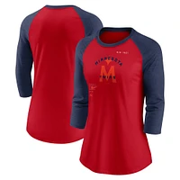 T-shirt à manches raglan 3/4 Nike Minnesota Twins Next Up pour femme, rouge/bleu marine