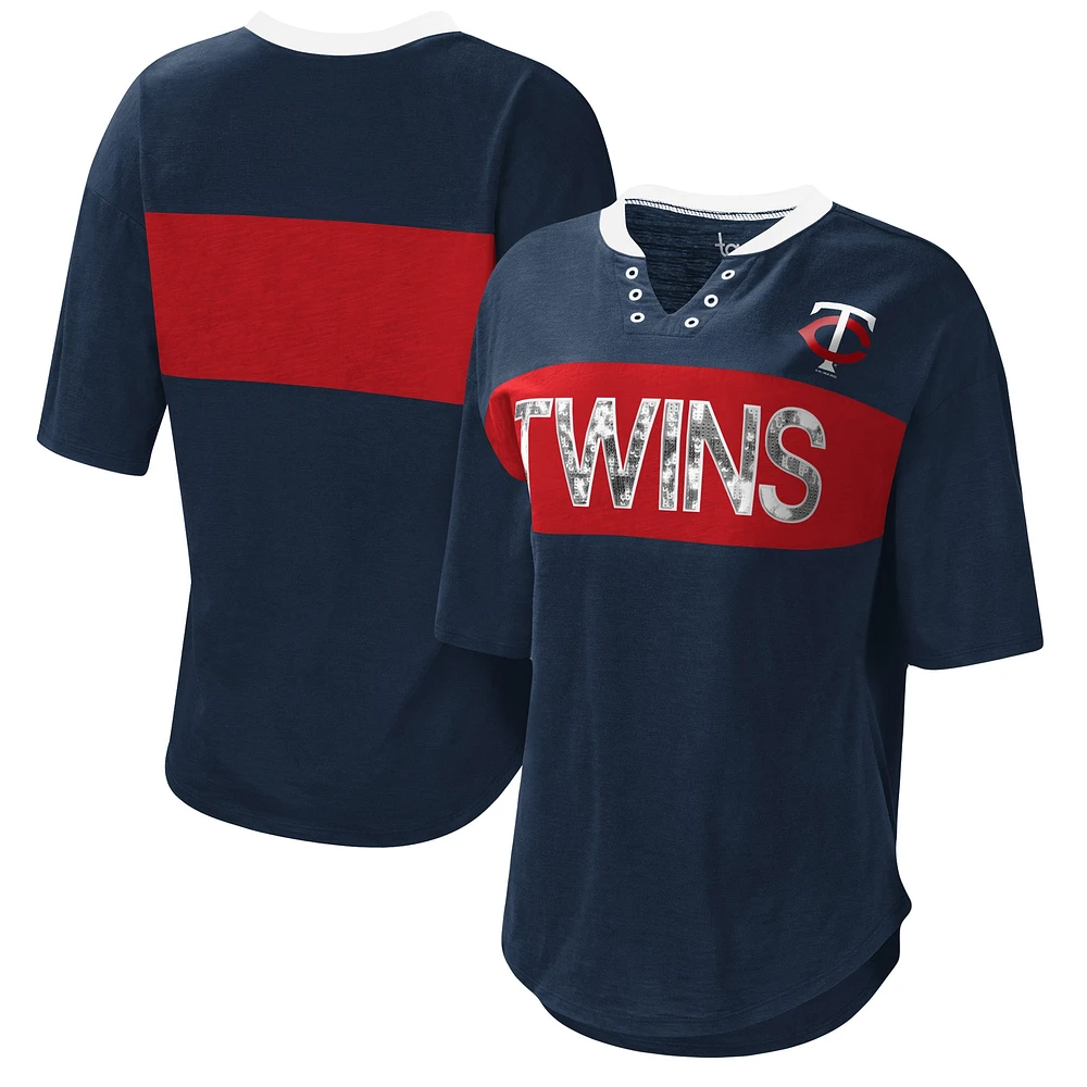 T-shirt à col cranté pour femmes Touch Navy/Red Minnesota Twins Lead Off