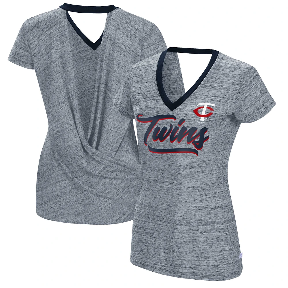 T-shirt à encolure en V pour femme Touch Navy Minnesota Twins Halftime Back Wrap Top