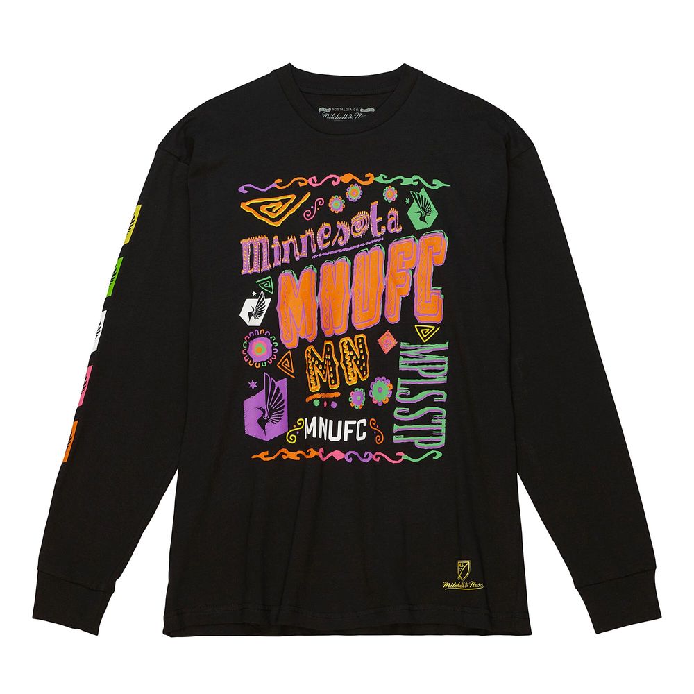 Men's Mitchell & Ness Black Minnesota United FC Papel Picado Long Sleeve T-Shirt