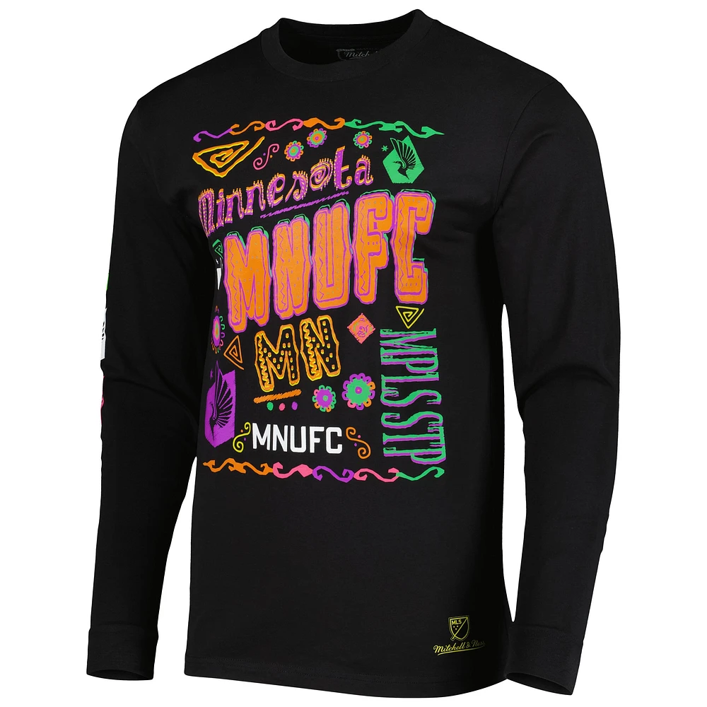 Men's Mitchell & Ness Black Minnesota United FC Papel Picado Long Sleeve T-Shirt