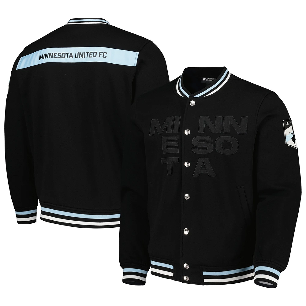 Men's The Wild Collective Black Minnesota United FC Fleece Full-Snap Bomber Jacket