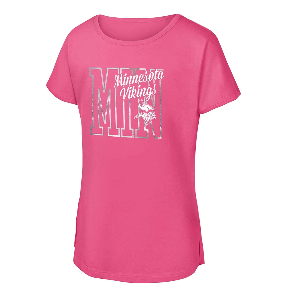 T-shirt rose pour jeunes filles avec inscription Dolman des Minnesota Vikings