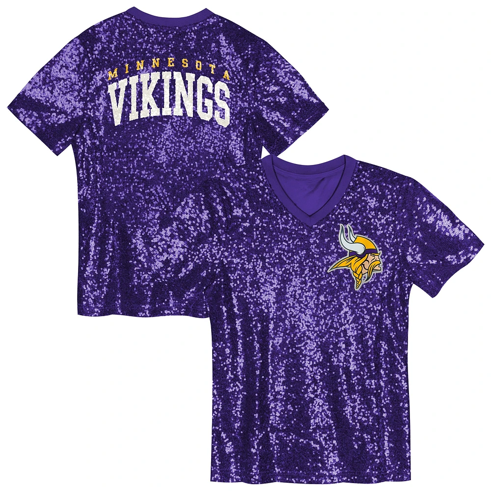 Haut violet à col en V et sequins avec inscription Minnesota Vikings pour filles