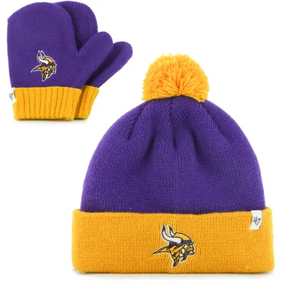 Minnesota Vikings '47 Infant Bam Bam Cuffed Knit Hat With Pom and Mittens Set - Purple/Gold