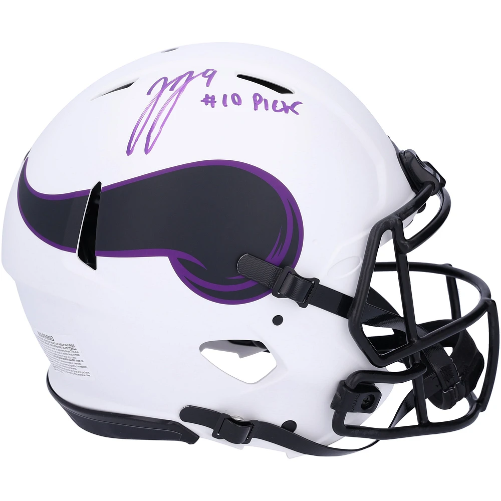 J.J. McCarthy Minnesota Vikings Autographed Riddell Lunar Speed Authentic Helmet with "#10 Pick" Inscription