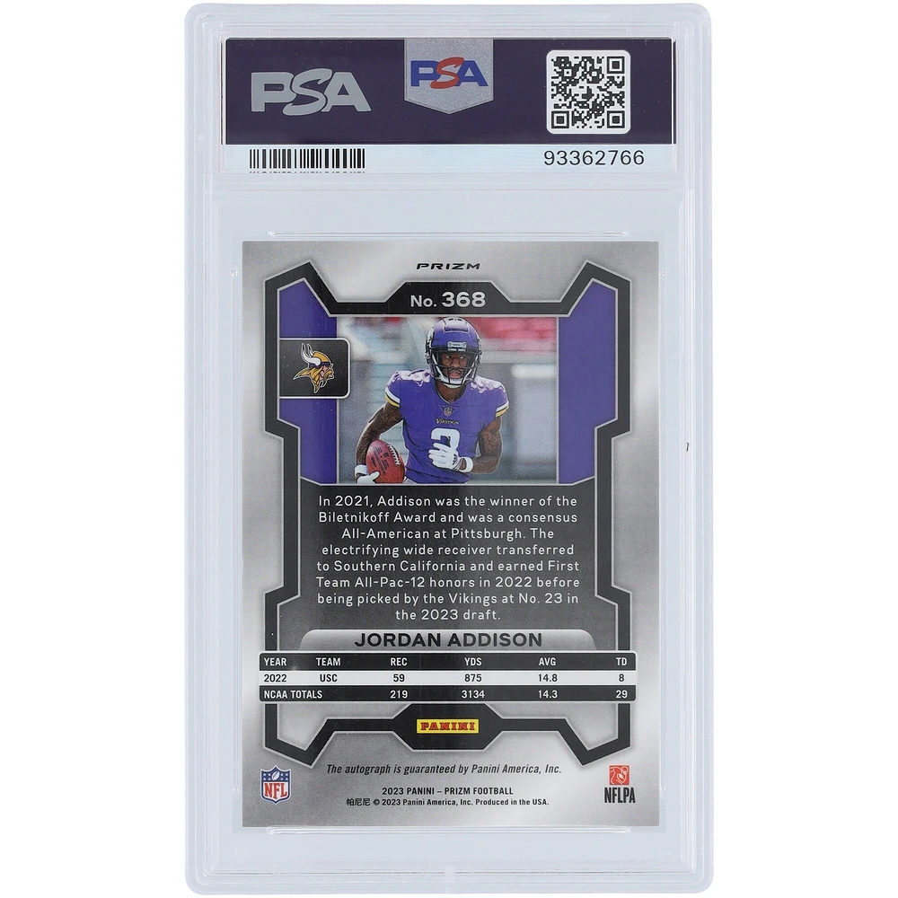 Carte de recrue authentifiée 10 PSA Panini Prizm Silver Prizm #368 2023 autographiée par Jordan Addison des Minnesota Vikings
