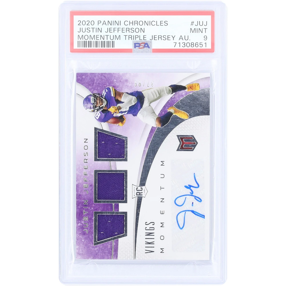 Justin Jefferson Minnesota Vikings Autographed 2020 Panini Chronicles Triple Relic #MJA-JUJ #37/99 PSA Authenticated 9 Rookie Card