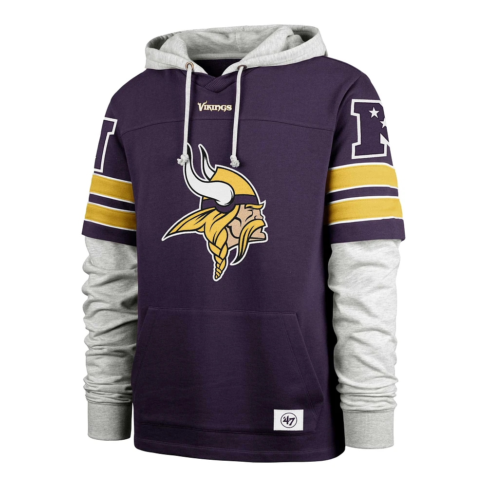 Men's '47 Purple Minnesota Vikings Double Header Blitz Cornerback Pullover Hoodie