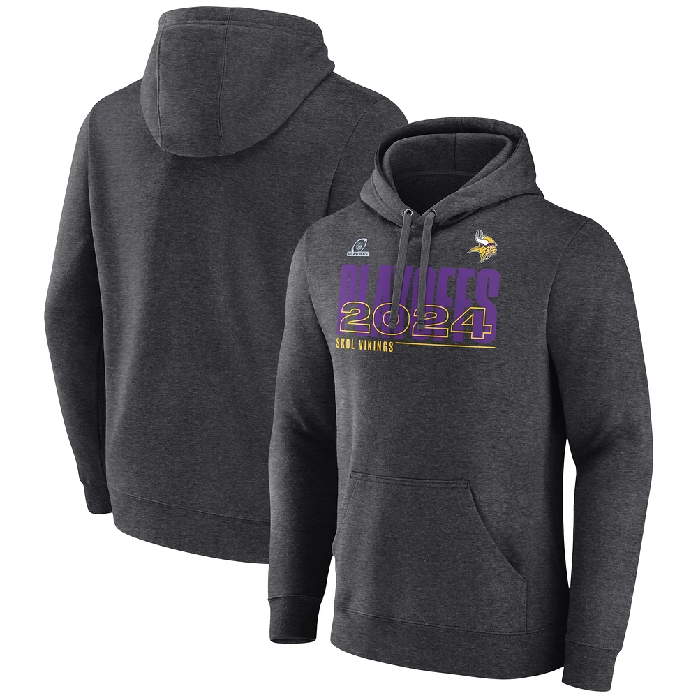 Men's Fanatics Heather Charcoal Minnesota Vikings 2024 NFL Playoffs Pullover Hoodie