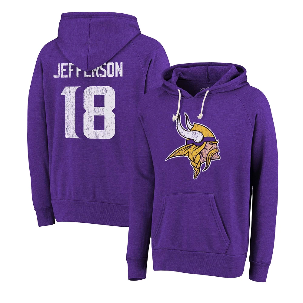 Majestic Threads pour hommes Justin Jefferson Violet Minnesota Vikings Nom et numéro Tri-Blend Pull à capuche