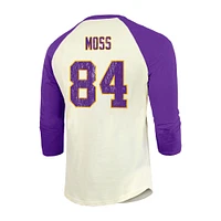 Men's Majestic Threads Randy Moss Cream/Purple Minnesota Vikings Retired Player Name & Number 3/4 Raglan Sleeve T-Shirt