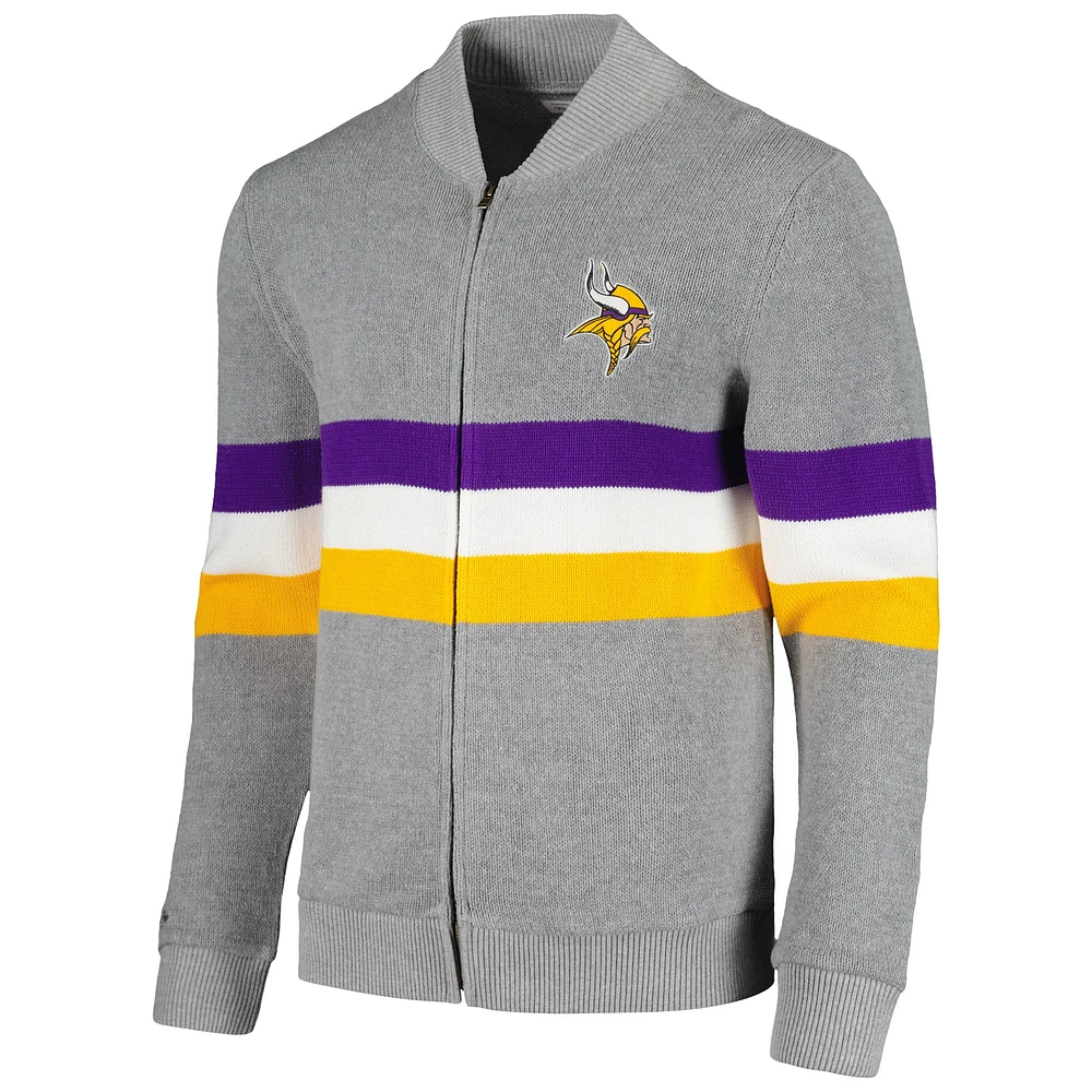 Men's Mitchell & Ness  Gray Minnesota Vikings Striped Full-Zip Cardigan Sweater