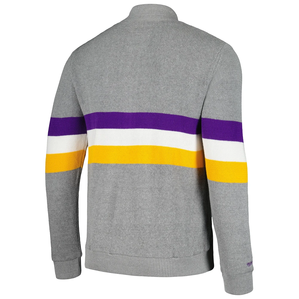 Men's Mitchell & Ness  Gray Minnesota Vikings Striped Full-Zip Cardigan Sweater