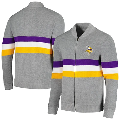 Men's Mitchell & Ness  Gray Minnesota Vikings Striped Full-Zip Cardigan Sweater