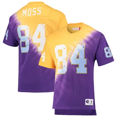 Randy Moss Minnesota Vikings Mitchell & Ness Retired Player Name Number Diagonal Tie-Dye V-Neck T-Shirt - Gold/Purple