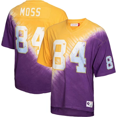 Men's Mitchell & Ness Randy Moss Purple/Gold Minnesota Vikings Retired Player Name Number Diagonal Tie-Dye - V-Neck T-Shirt