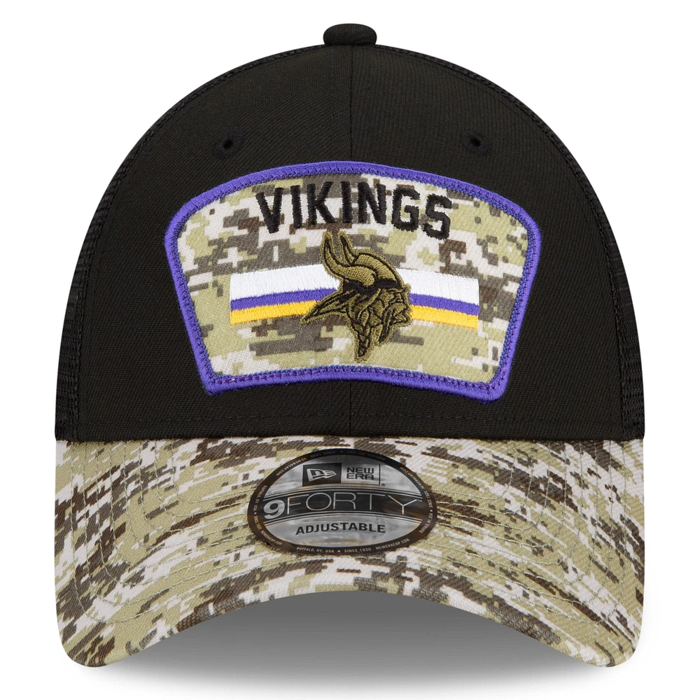 Men's New Era Black/Camo Minnesota Vikings 2021 Salute To Service - Trucker 9FORTY Snapback Adjustable Hat