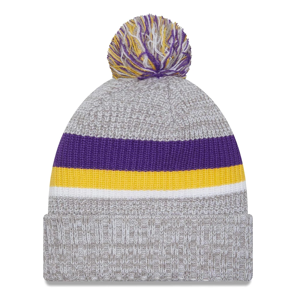Bonnet en tricot à revers des Vikings du Minnesota New Era gris chiné pour hommes avec pompon