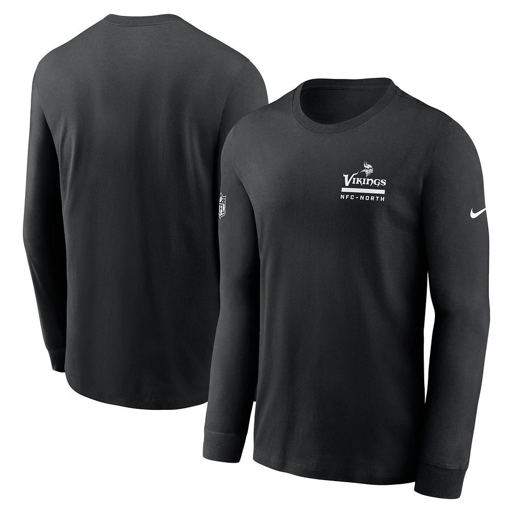 T-shirt Nike noir à manches longues pour homme, coupe latérale, style performance, Minnesota Vikings