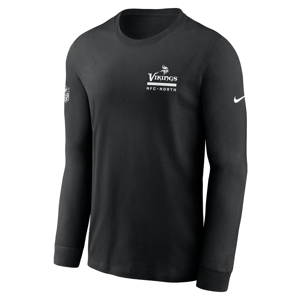 T-shirt Nike noir à manches longues pour homme, coupe latérale, style performance, Minnesota Vikings