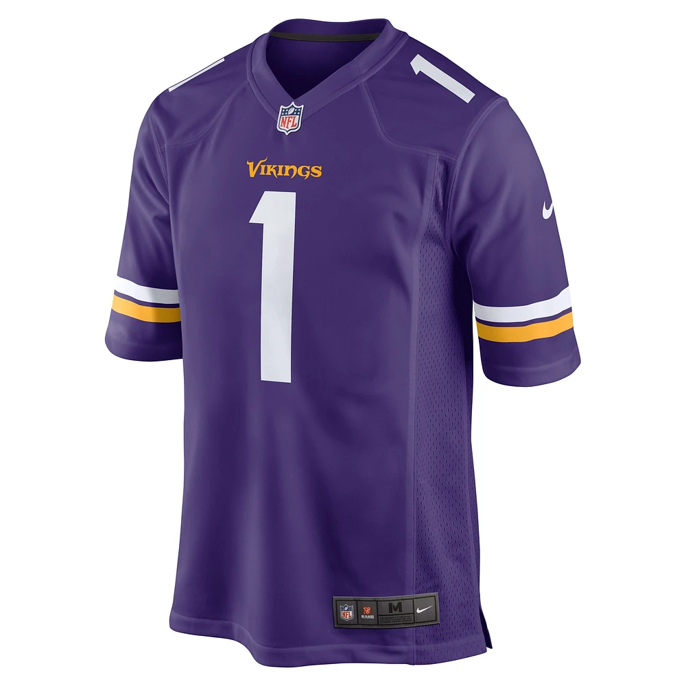 Maillot de match Nike numéro 1 Groom violet des Minnesota Vikings pour hommes