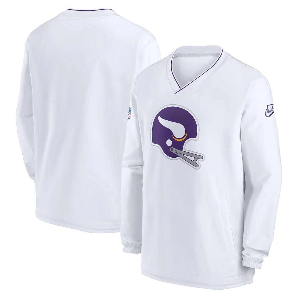 Coupe-vent à manches longues et col en V avec logo rétro 2024 des Minnesota Vikings de Nike pour homme, blanc