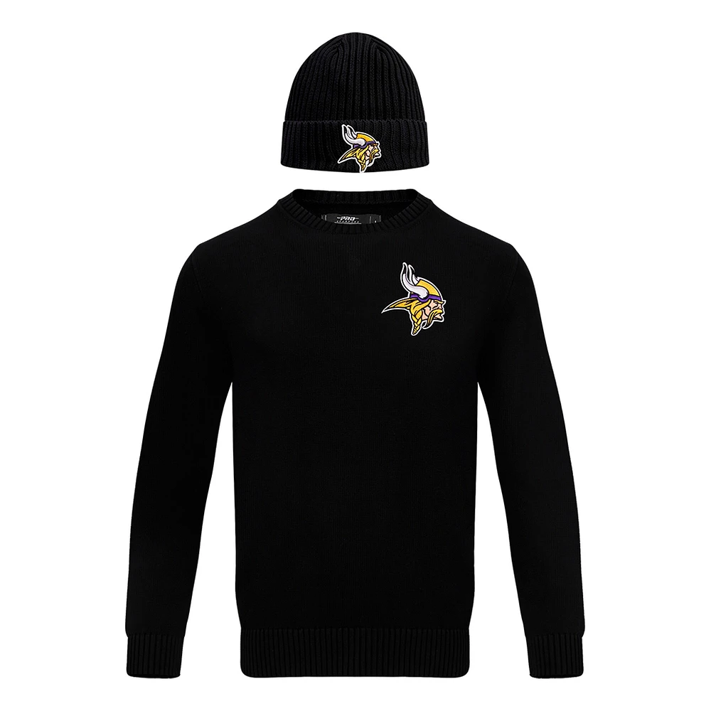 Pull à col rond et chapeau en tricot revers Pro Standard pour hommes, noir, Minnesota Vikings, coffret cadeau